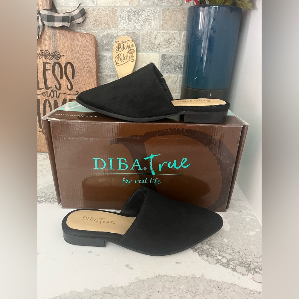 Diba True Women’s High Up Fashion Mules- Pointed Toe Black Ponyhair— NIB
